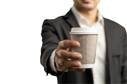 Smiling businessman in a suit drinks coffee during an office break