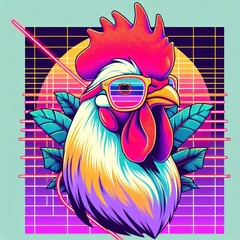Retro Rooster Rendezvous: A Trendy Synthwave-Inspired Cartoon in Playful Post-Impressionist Pastels - Vector T-Shirt Design. Generative AI