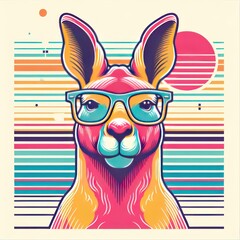 Jumping Joy: Whimsical Kangaroo in Synthwave Glasses - Playful Post-Impressionist Pastel Vector Art for Trendy T-Shirt Design. Generative AI