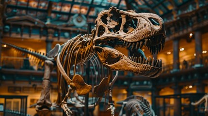 Dinosaur skeleton head on display in museum generative ai