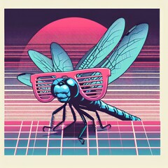 Whimsical Dragonfly in Synthwave Spectacles: A Playful Post-Impressionist Vector T-Shirt Design. Generative AI