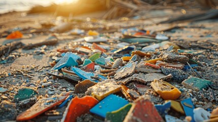Naklejka premium Environmental awareness scene with weathered, multicolored plastic parts littering the sandy soil of a natural landscape