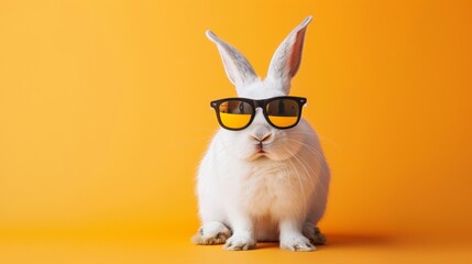 An elegant white rabbit wearing stylish black glasses on orange background.