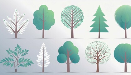 Collection of various green tree set on white background