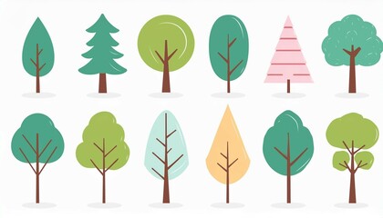 Collection of various green tree set on white background