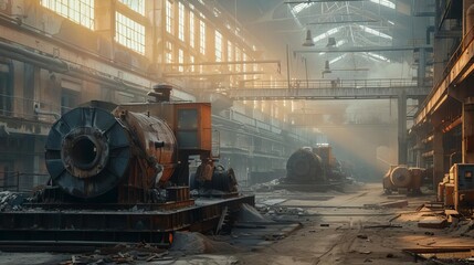 An abandoned factory with machinery covered in dust, symbolizing industrial decline due to a global recession