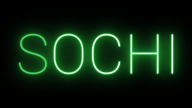 Flickering neon green glowing sochi text animated on black background