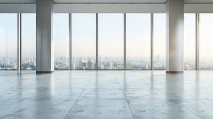 Fototapeta premium Spacious corporate lobby featuring minimalist design and panoramic views of the city.