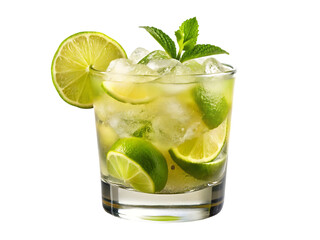 A glass of ice water with lime and mint leaves