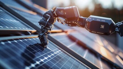 Detailed view of a robotic arm repairing solar panels on a house roof, emphasizing advanced technology and efficiency