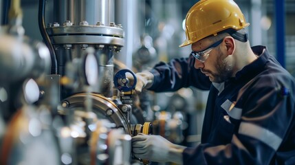Detailed shot of a repair service in action at a biogas plant, with a technician using advanced tools to ensure operational efficiency