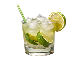 A glass of ice water with lime and mint leaves