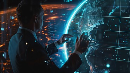 A businessman interacting with a holographic globe displaying real-time cyber threat hotspots across continents.