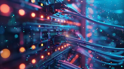 Fiber Optic cables connected to ports in a data center generative ai