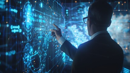 A businessman observing a holographic simulation of a data breach incident and analyzing the response strategies in real-time.
