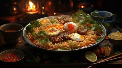 Delicious ramen noodles with egg topping on top, blur background