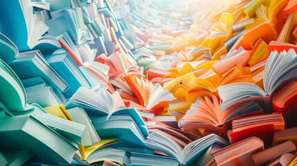 An explosion of vibrant, multicolored books fills the frame, creating a visually stunning display of knowledge and color.