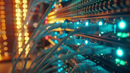 Fiber Optic cables connected to ports in a data center generative ai