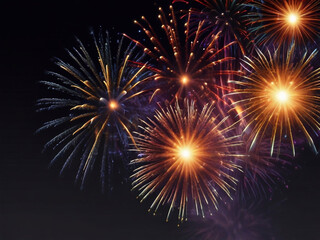 Obraz premium Colorful vibrant glittering fireworks Background with glow smoke and confetti banner ai generative