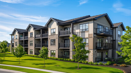 A newly developed suburban apartment complex featuring spacious units with ample green spaces for outdoor activities and community building.