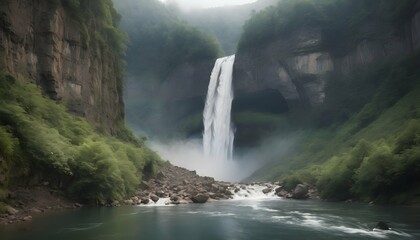 A majestic waterfall cascading into a deep river g