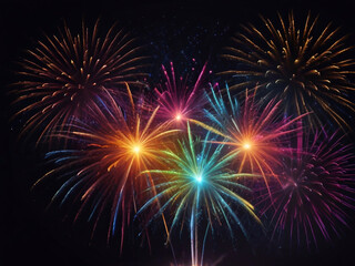 Fototapeta premium Colorful vibrant glittering fireworks Background with glow smoke and confetti banner ai generative