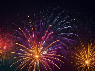 Fototapeta premium Colorful vibrant glittering fireworks Background with glow smoke and confetti banner ai generative