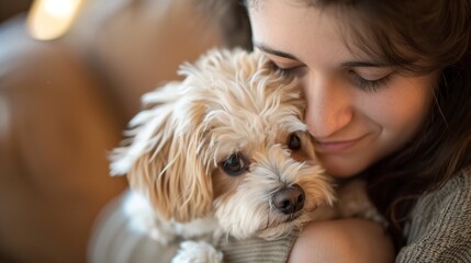 A young woman enjoying a peaceful moment with her small fluffy dog at home.