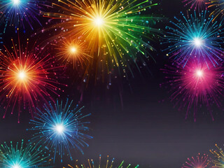 Naklejka premium Colorful vibrant glittering fireworks Background with glow smoke and confetti banner ai generative