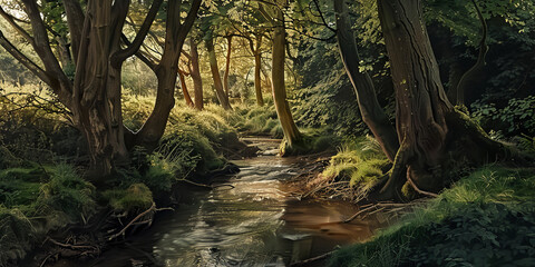 Obraz premium illustration of the stream running through a woodland, generative AI