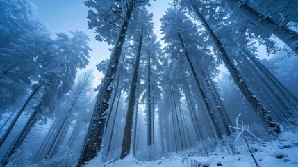 Tall snow-covered trees in a dense foggy forest during winter.