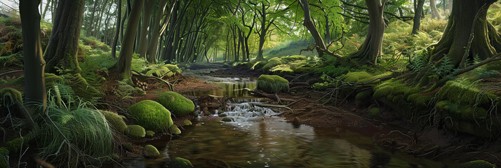 illustration of the stream running through a woodland, generative AI