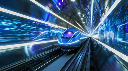 a high-speed maglev train zooming through a futuristic tunnel illuminated by dynamic LED lighting