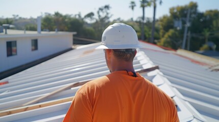 Roof construction workers are doing work. wear a hard helmet for safety.