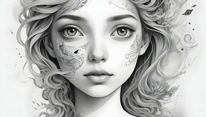 Design a line art depiction of a girls face with upscaled 46