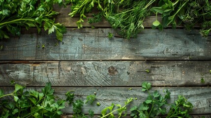 Assortment of fresh culinary herbs spread on weathered wooden boards.