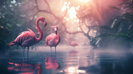 flamingos in the middle of the river