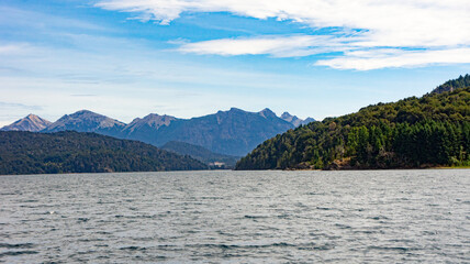 Lake mountains and snow-capped mountains in Bariloche, Patagonia Argentina
