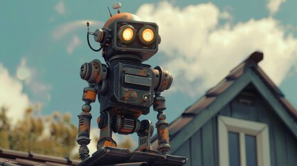 Detailed depiction of a robot performing spray paint repairs on a house roof, emphasizing technology in modern home maintenance