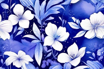 seamless floral pattern with blue flowers and leaves on white