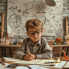 Illustration of a boy concentrating on writing or drawing. ,Learning media around him, mathematics, geometric shapes ,Learning for children