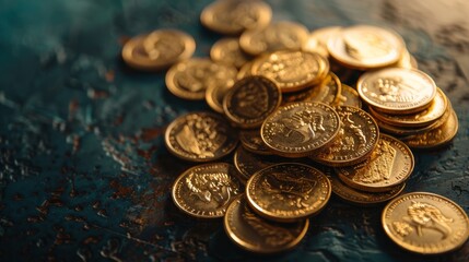 A collection of scattered gold coins on a textured dark blue background.