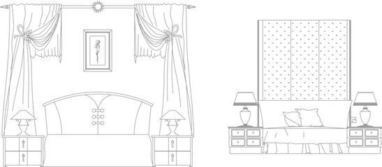 vector illustration sketch design drawing of classic old vintage modern ethnic traditional bedroom