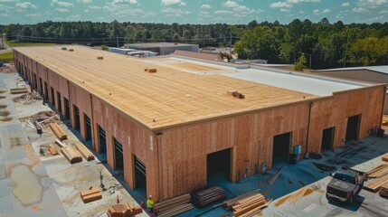 Aerial view of the construction of a wooden goods warehouse that is almost complete