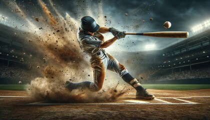 baseball player in the middle of a powerful swing, the bat connecting with the ball, dirt exploding around the action
