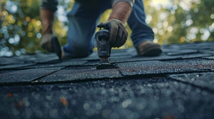 Close-up view of a roofing service in action, with a worker using air tools to efficiently repair and install new asphalt roofing