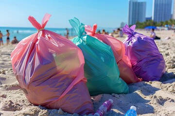 Urban Beach Cleanup: Colorful Piles of Recyclable Bags Amidst Cityscape