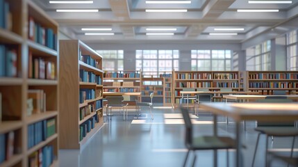 Spectacular Empty library interior with bookshelves and tables, Blurred background, blurry college...