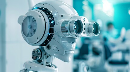 Close-up portrait of a sophisticated robot ophthalmologist in a clinic, gently covering its right eye, exuding happiness, eyesight check concept