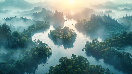 Capture the tranquil beauty of an aerial view, showcasing serene Slate Blue landscapes with intricate details like winding rivers and lush forests